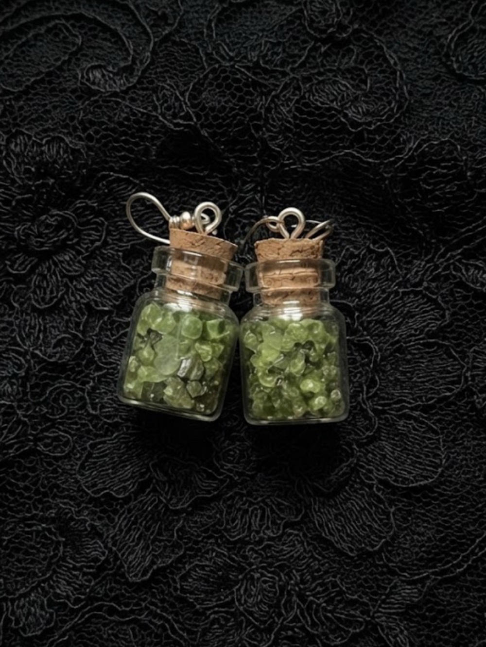 Peridot Crystal Chip Glass Spell Jar Earrings